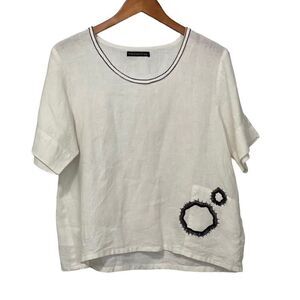 Snapdragon & Twig White Linen Blouse Boxy Lightweight Black Embroidery Size M